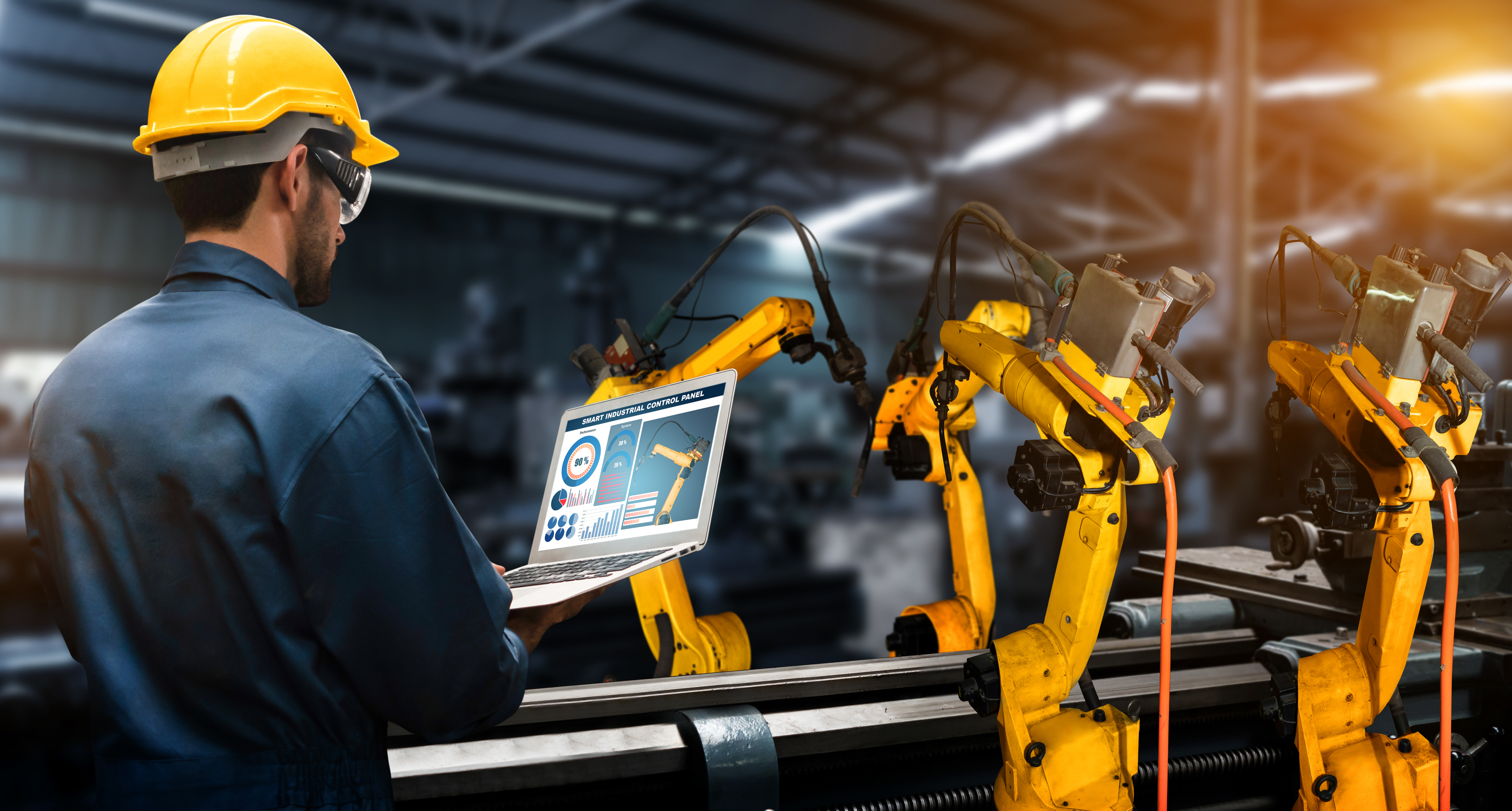 Smart industry robot arms for factory production.